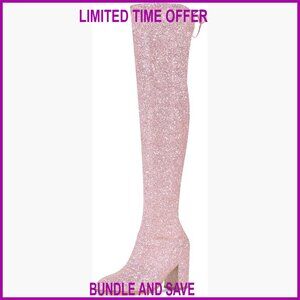 Women's Over The Knee Boots Chunky Heel Round Toe Glitter Lace Up